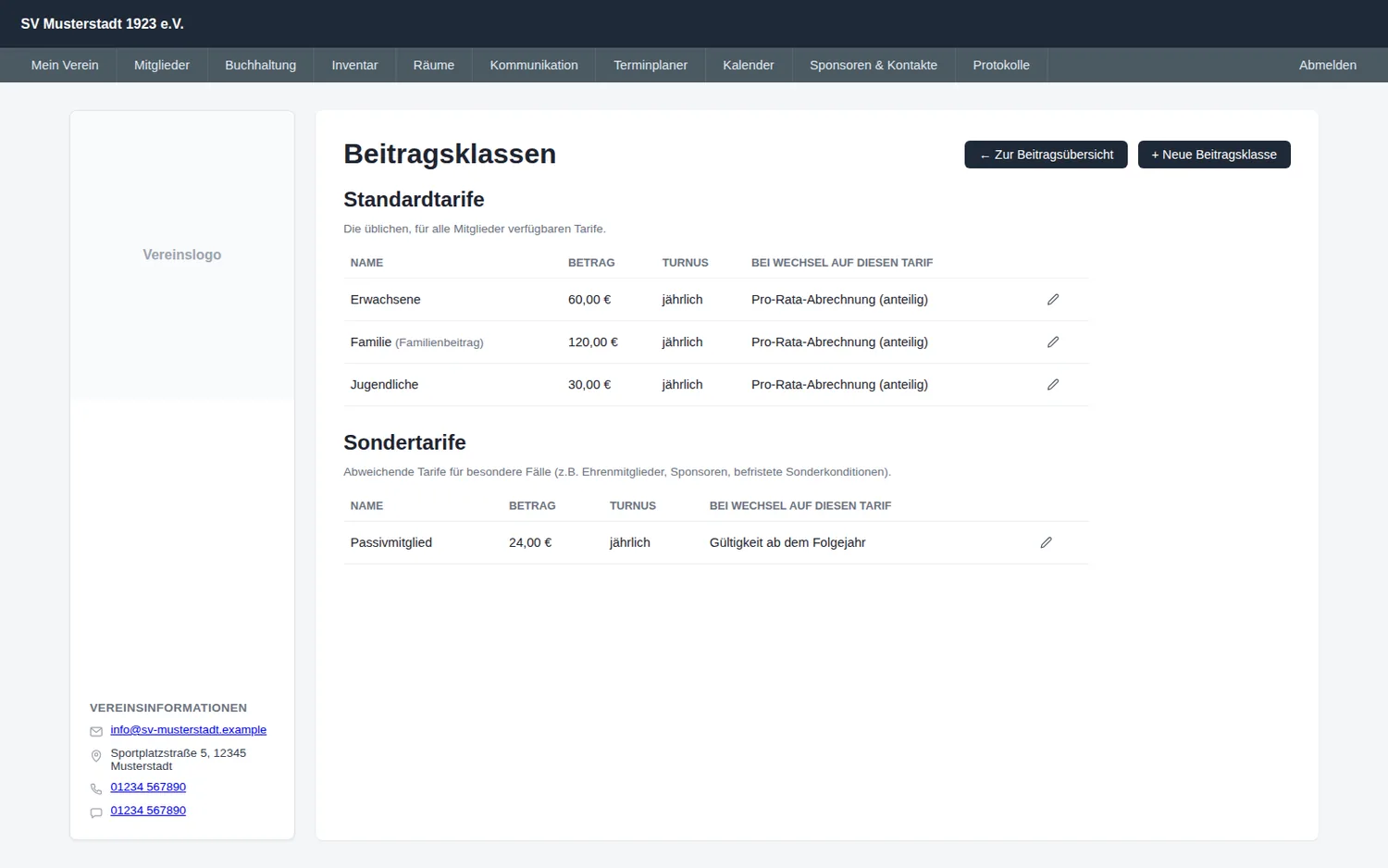 Beitragsklassen mit Standard- und Sondertarifen