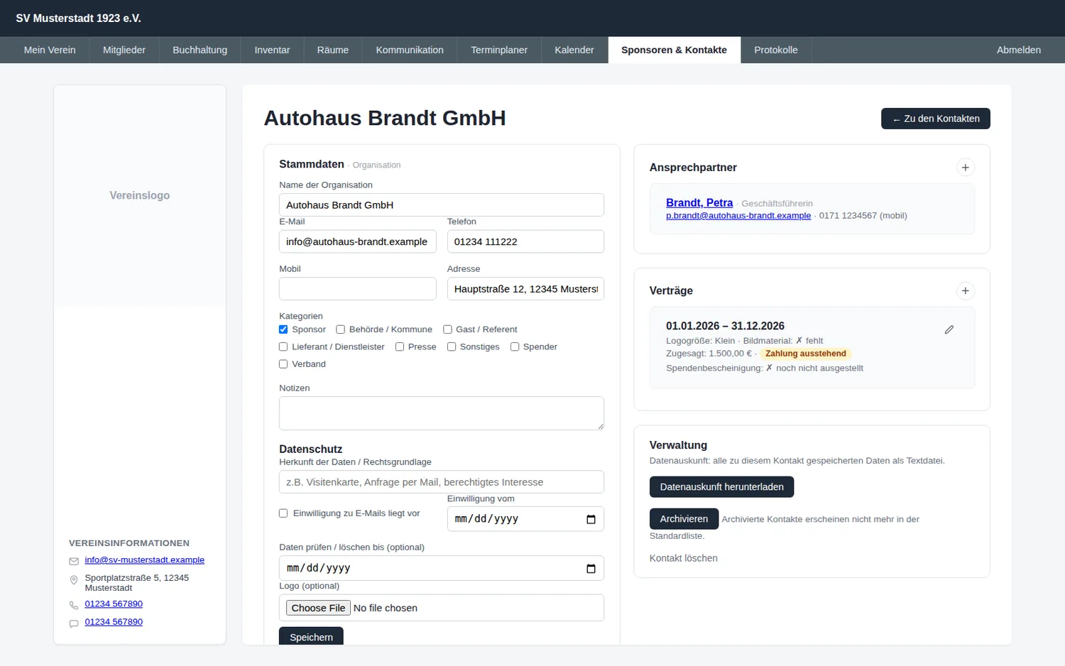 Kontaktkarte eines Sponsors mit Ansprechpartner und Vertrag