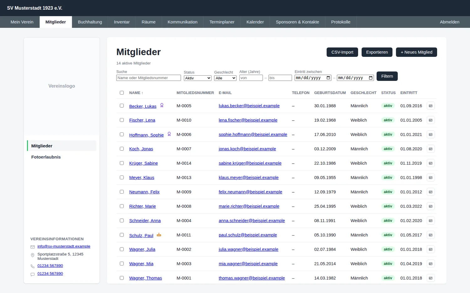 Mitgliederliste im Mein Vereinshelfer