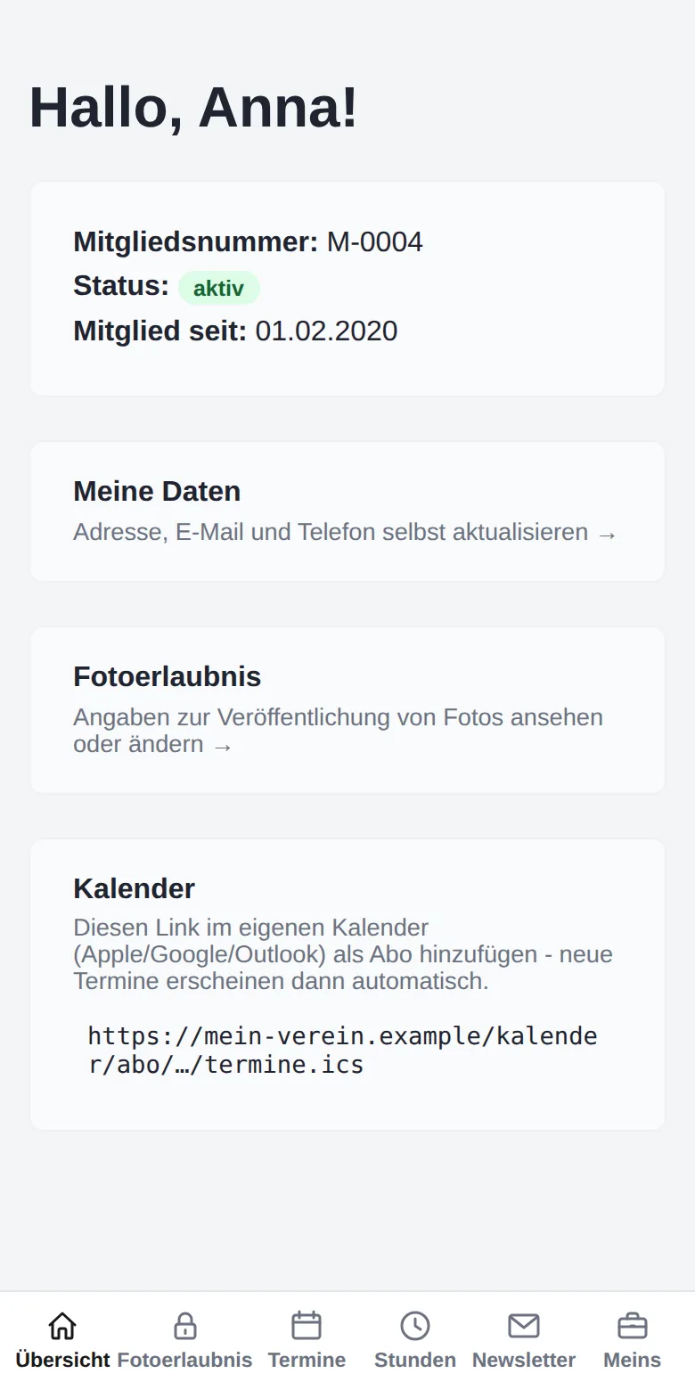 Mitglieder-Portal in der Handy-Ansicht